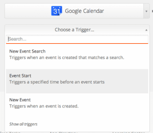 Choose Google Calendar Event Start as Zapier Trigger screenshot