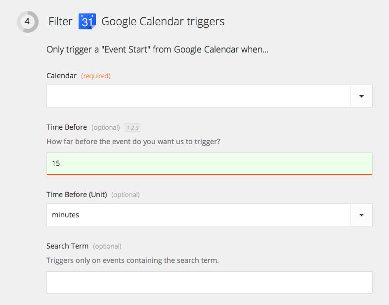 Time Before google Calendar in Zapier screenshot